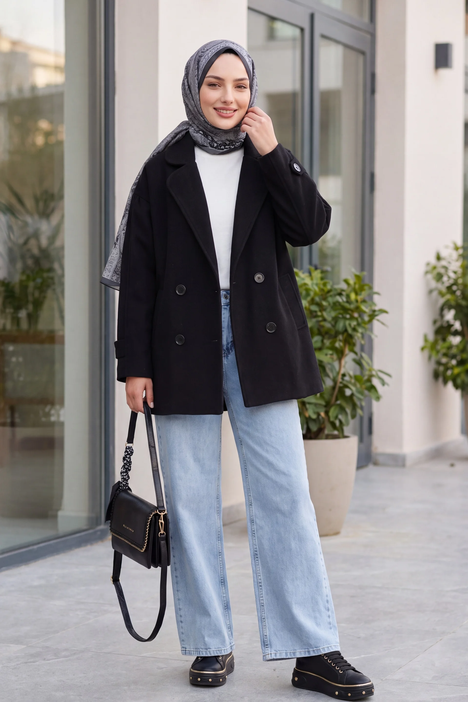 Women's Double-Breasted Notched Lapel Wool-Blend Coat - Black - Bigdart - by Peralane - photo 4