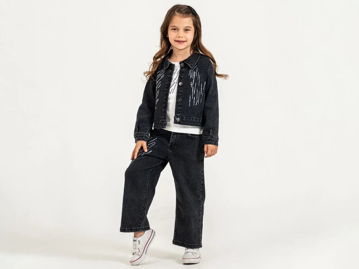 Girls' Striped Denim Jacket and Wide-Leg Trousers 3-Piece Set – Dark Grey - Pampal Kids - by Peralane