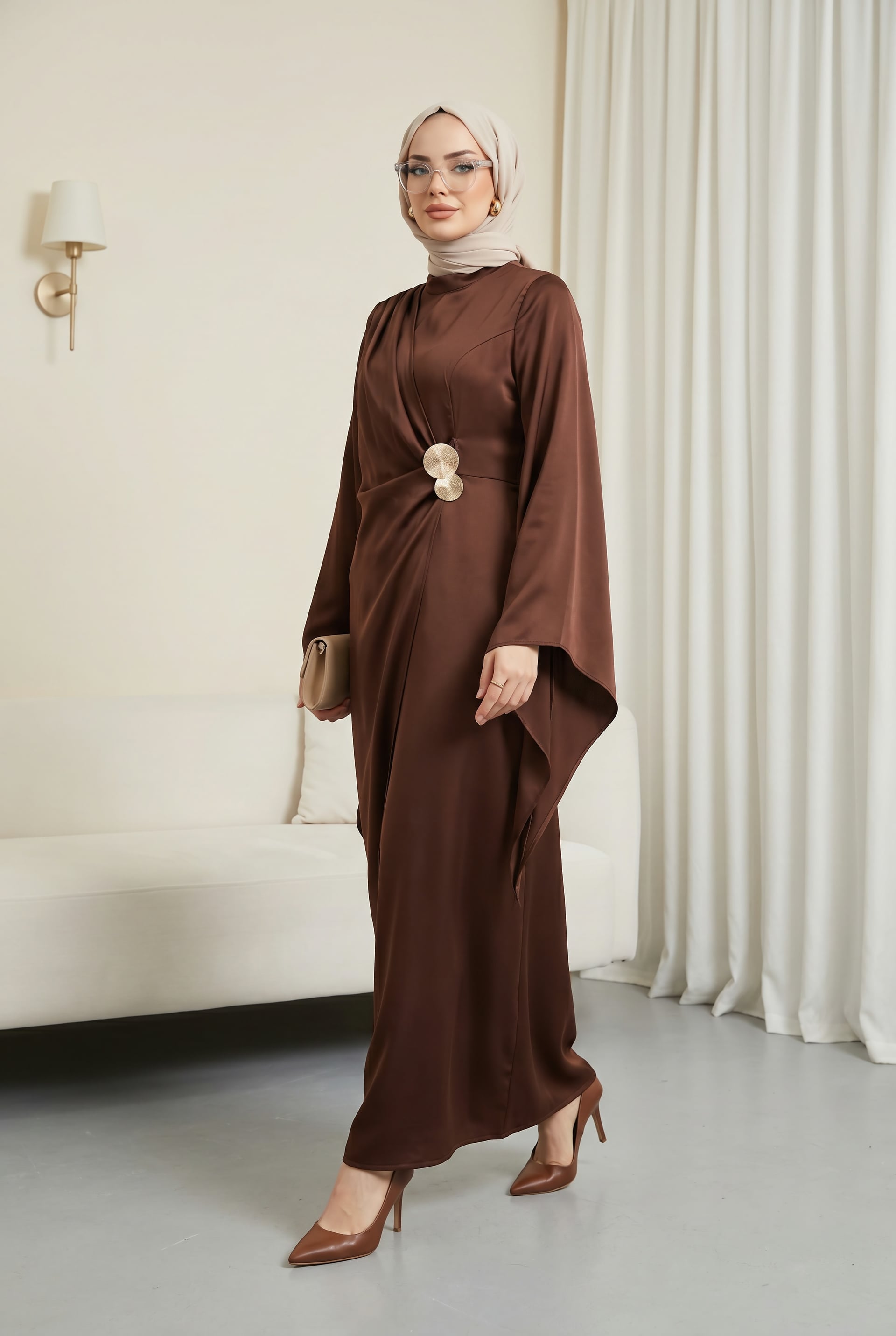 Buckle Detail Double Layer Front Asymmetric Sleeve Satin Evening Dress - Brown - Podyumplus - by Peralane - photo 4
