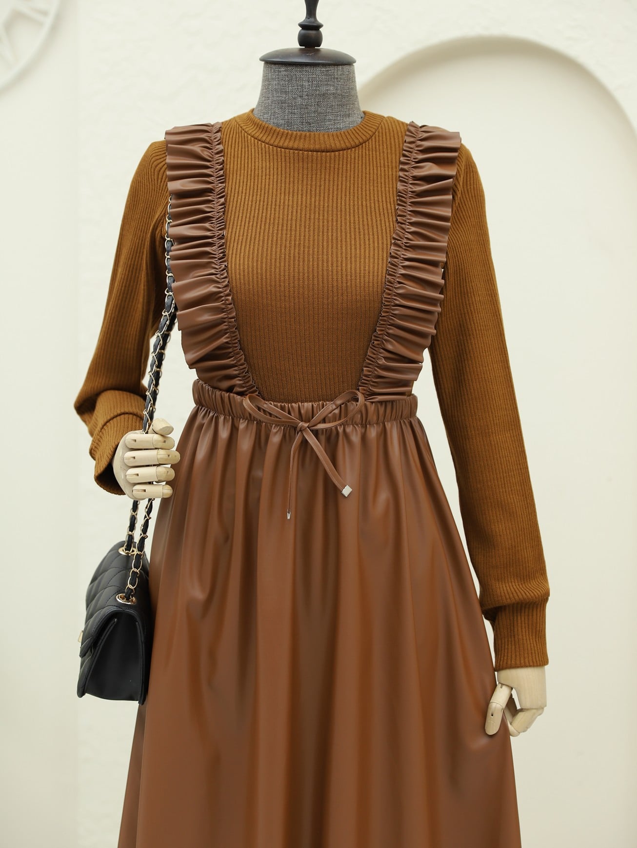 Brown Ribbed Knit and Faux Leather A-Line Maxi Dress - Podyumplus - by Peralane - photo 7