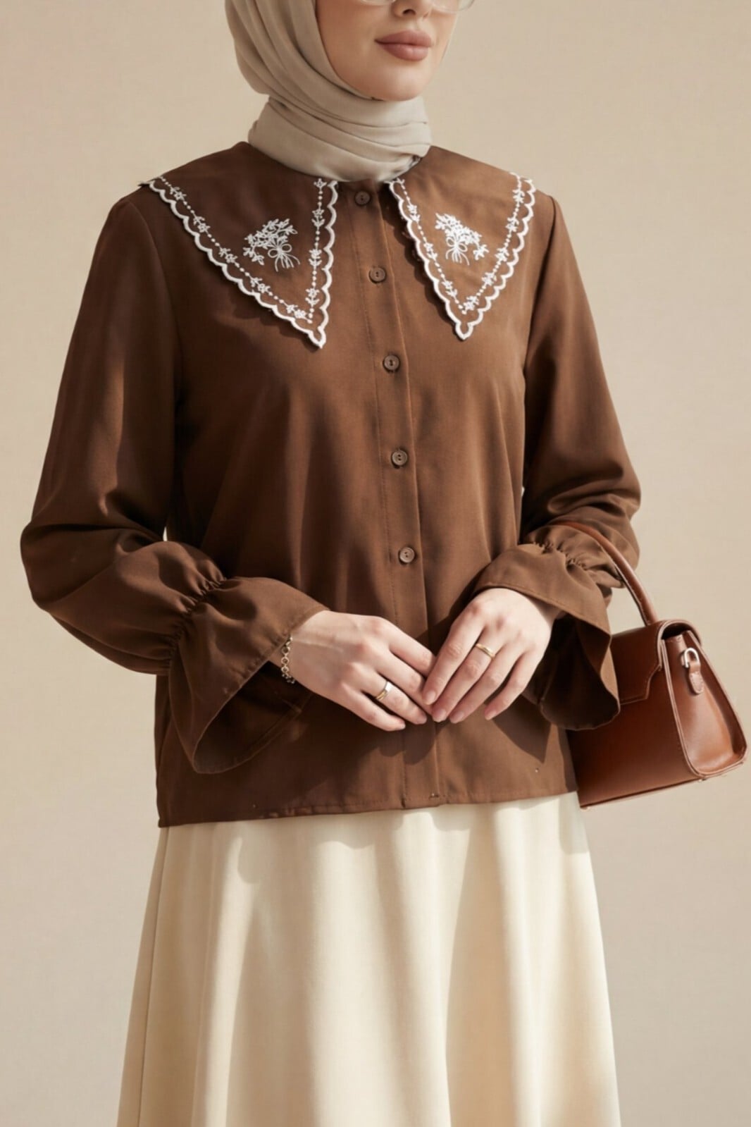 Baby Collar Ruffled Sleeve Poplin Shirt Blouse - Brown - Podyumplus - by Peralane