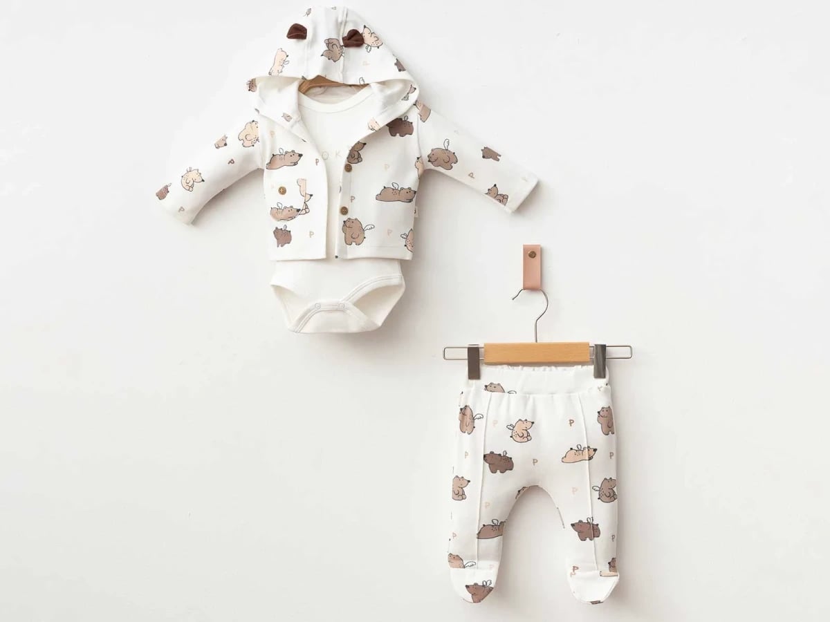 Boys' Bear Print Baby Set - Hooded Jacket, Bodysuit, Footed Pants (0-3-6-9 Months) - Pookie - by Peralane