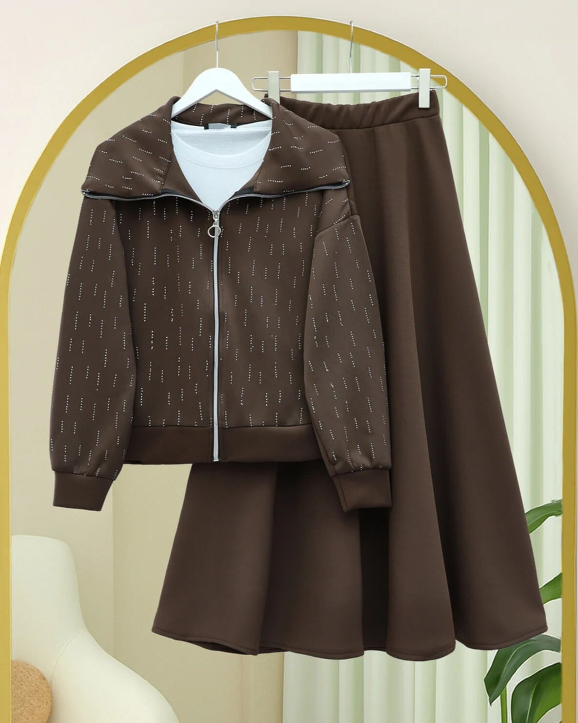 Brown Zip-Up Scuba Jacket and Skirt Set with Stone Detail for Women - Podyumplus - by Peralane - photo 3