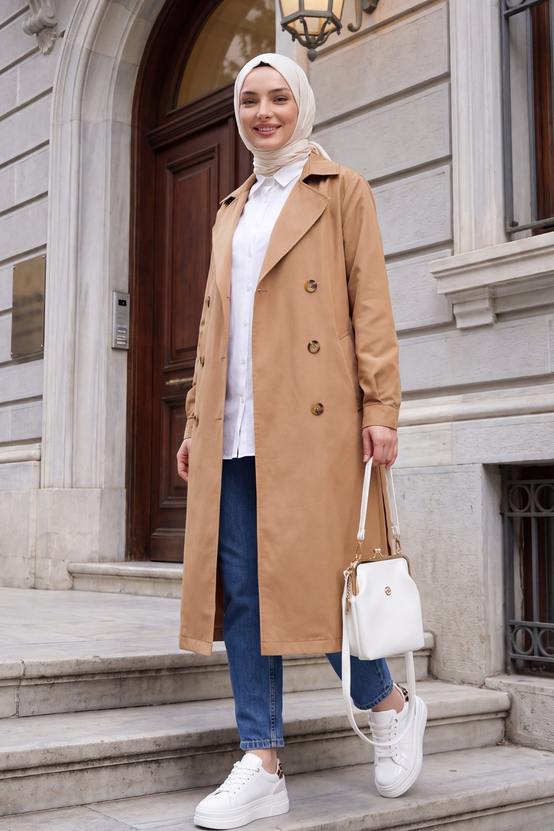 T5853 Double-Breasted Modest Trench Coat - Tan - Bigdart - by Peralane - photo 3