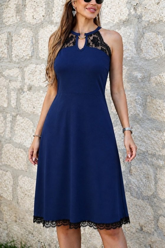 Women's Navy Blue Sleeveless Halter Neck Midi Dress with Lace Trim - Janes - by Peralane