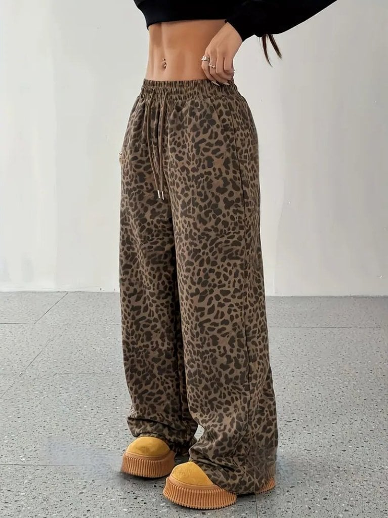 Women's High Waist Elastic Drawstring Wide Leg Two-Thread Leopard Print Trousers - Janes - by Peralane - photo 3