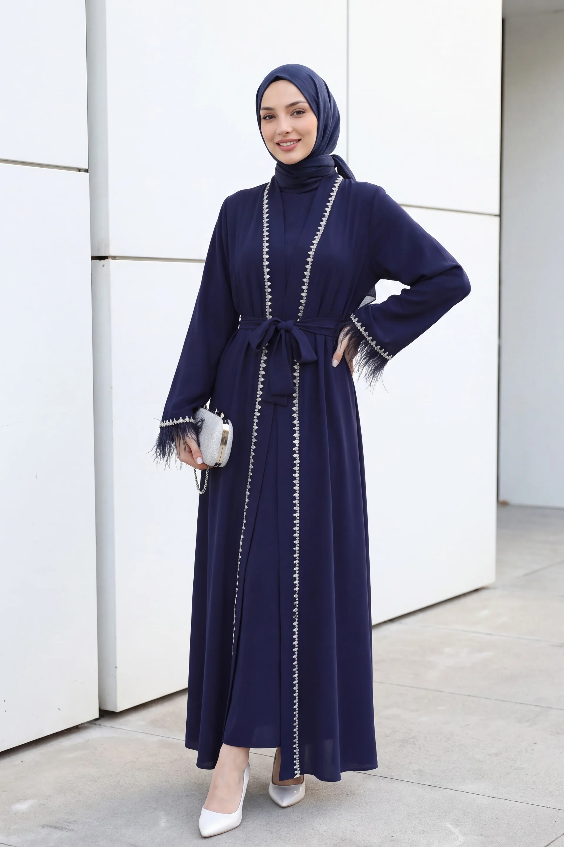 Navy Blue Beaded Trim Belted Abaya with Feathered Cuffs - Podyumplus - by Peralane - photo 3