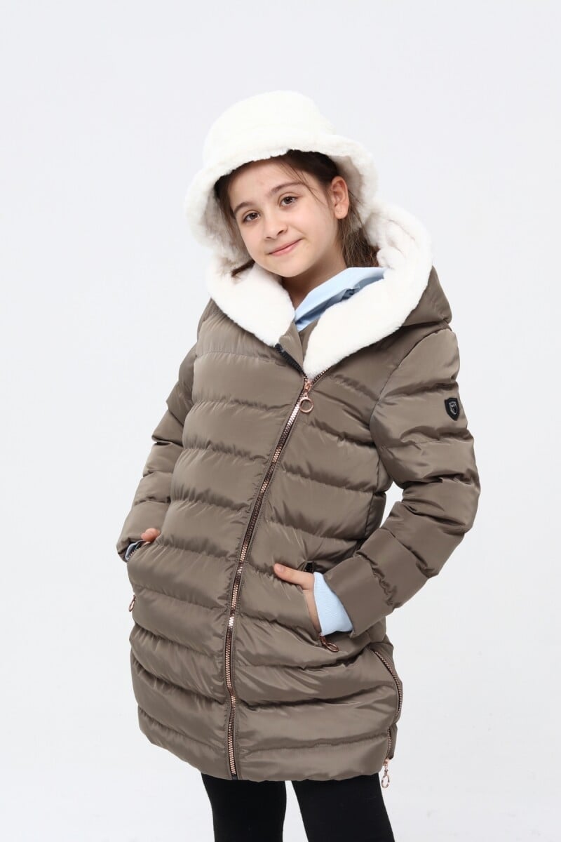 Girls' Quilted Padded Jacket with Faux Fur Hood - Khaki - Benitto Kids - by Peralane