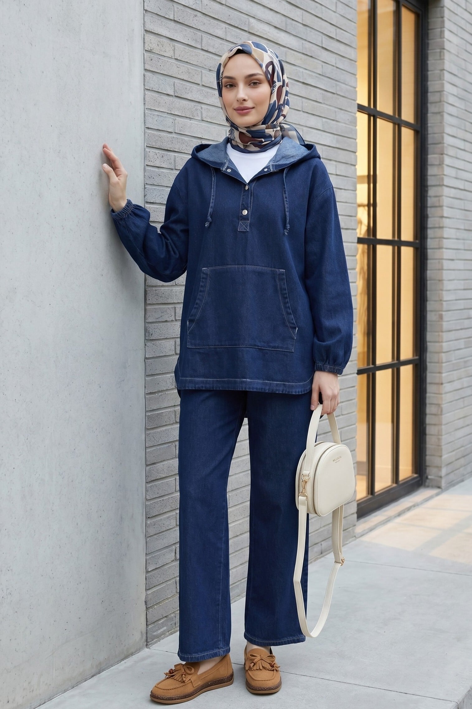 Hooded Snap-Front Denim Tracksuit with Kangaroo Pocket - Navy - Podyumplus - by Peralane - photo 2
