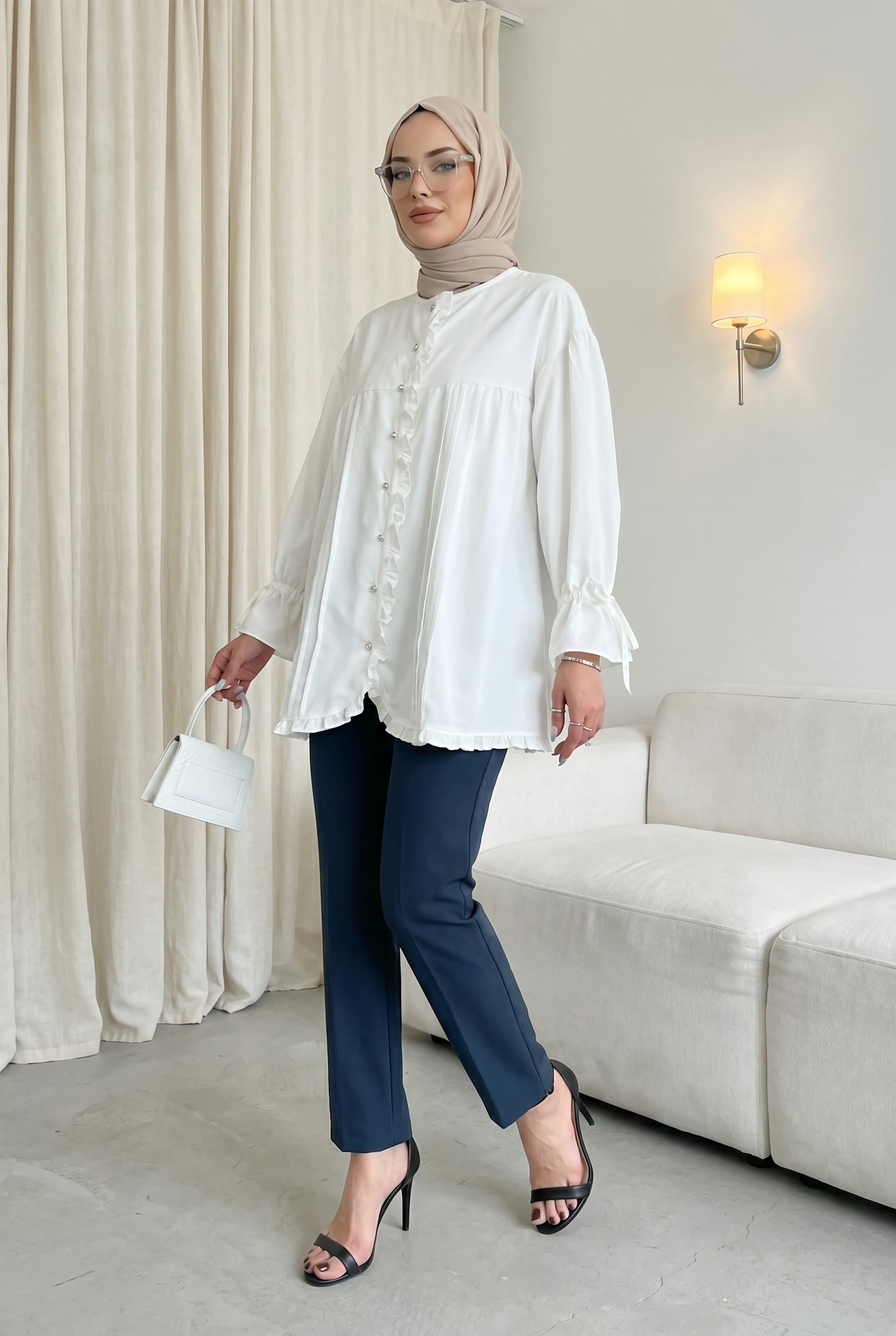 Ruffled Sleeve Lace-Up Stone Button Cupra Tunic - Ecru - Podyumplus - by Peralane - photo 2