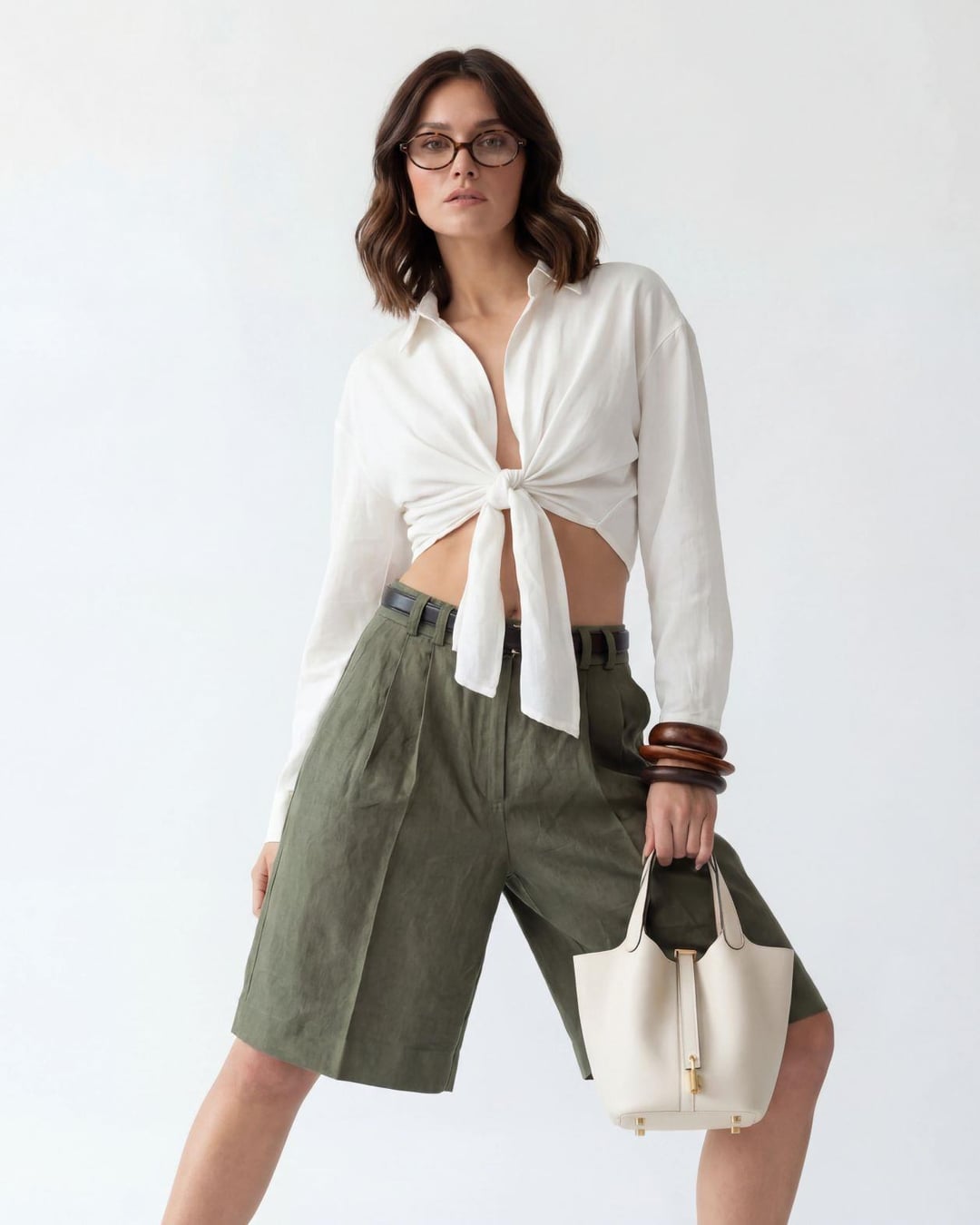 Women's High Waist Linen Bermuda Shorts in Olive Green - Fame - by Peralane - photo 4
