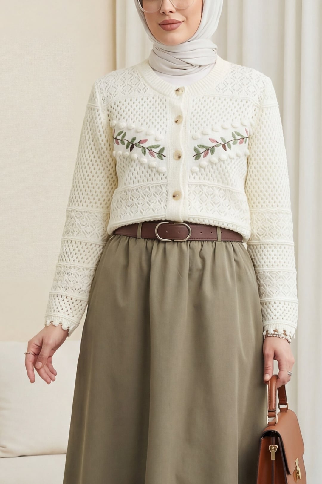 Embroidered Open-Knit Button-Front Cardigan - Ecru - Podyumplus - by Peralane - photo 5