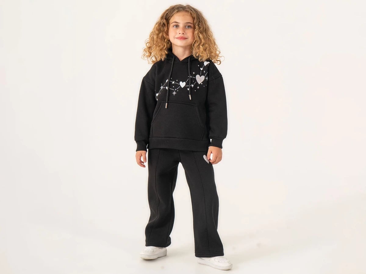 Girls' Hooded Sweatshirt and Trousers Set with Heart Print - Black - Lumii - by Peralane