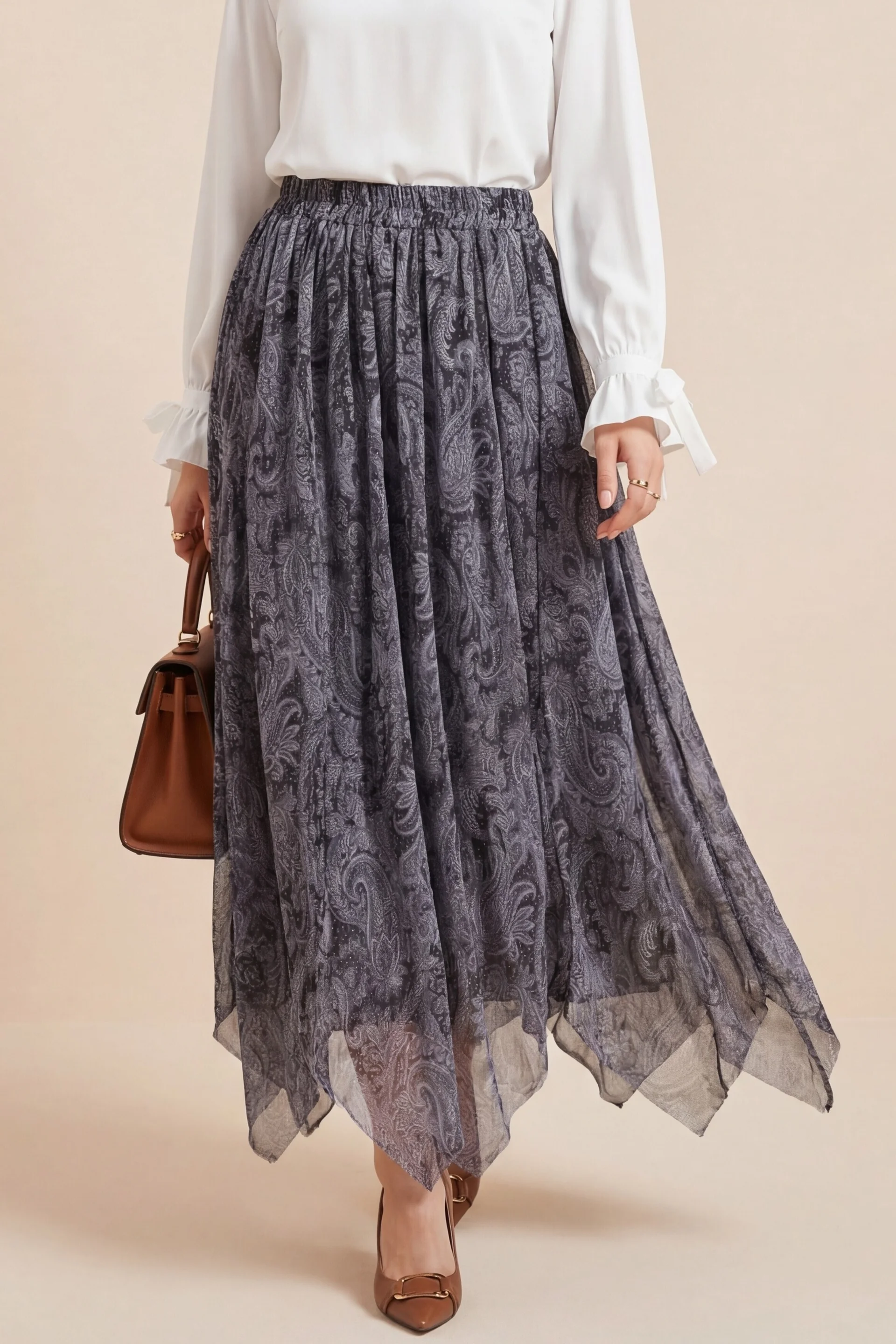 Elasticated Waist Patterned Lined Chiffon Skirt - Grey - Podyumplus - by Peralane - photo 3