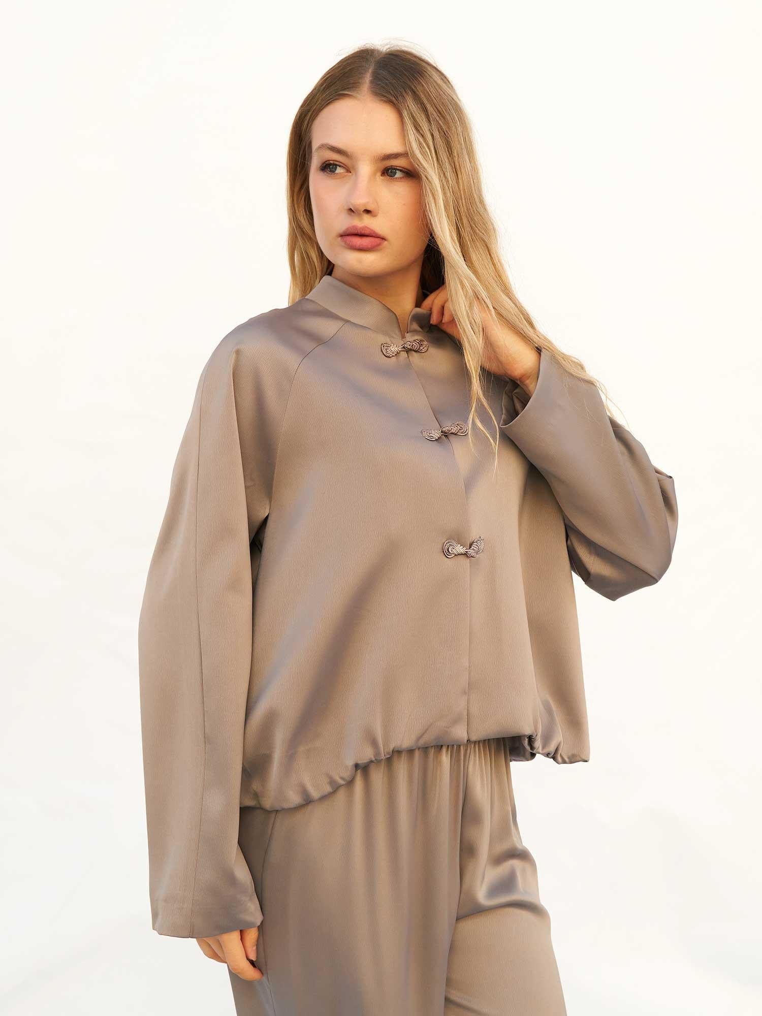Taupe Satin Mandarin Collar Bomber Jacket - Lefon - by Peralane - photo 4