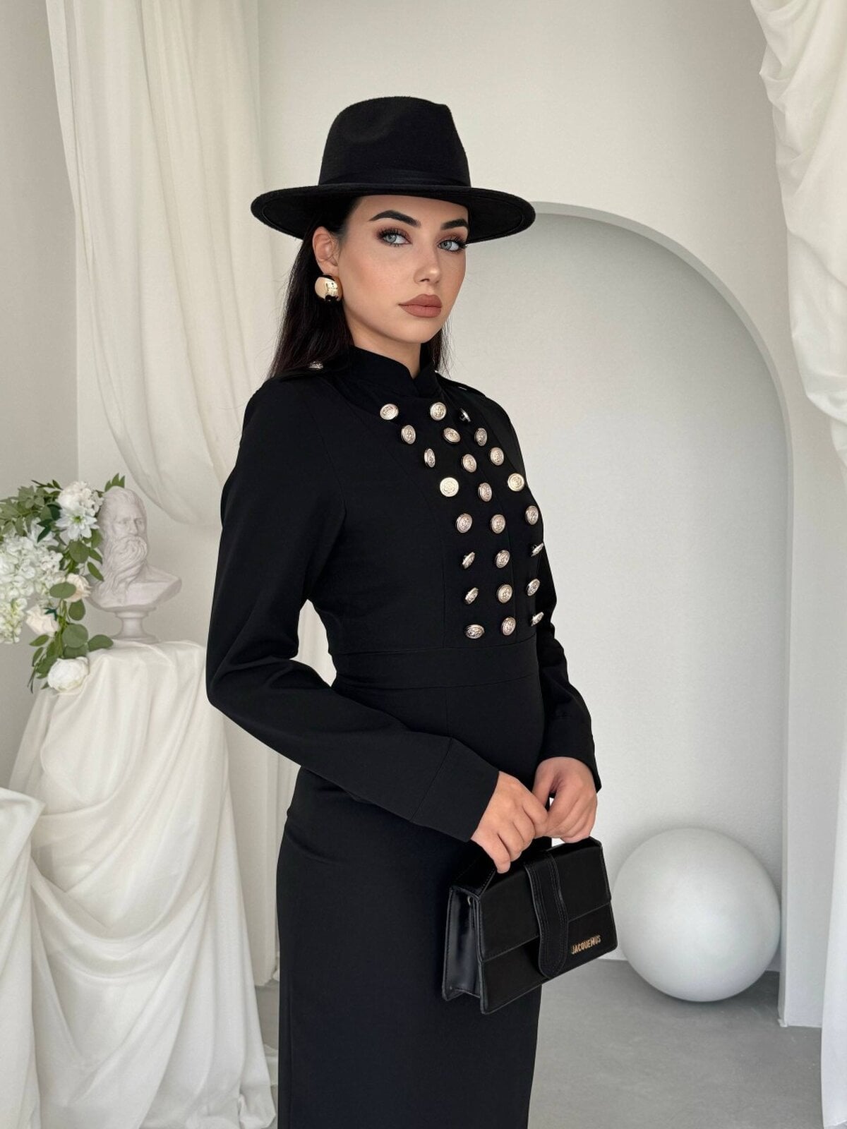 Black Double-Breasted Satin Dress with Ornate Buttons and Epaulets - Etika - by Peralane - photo 7
