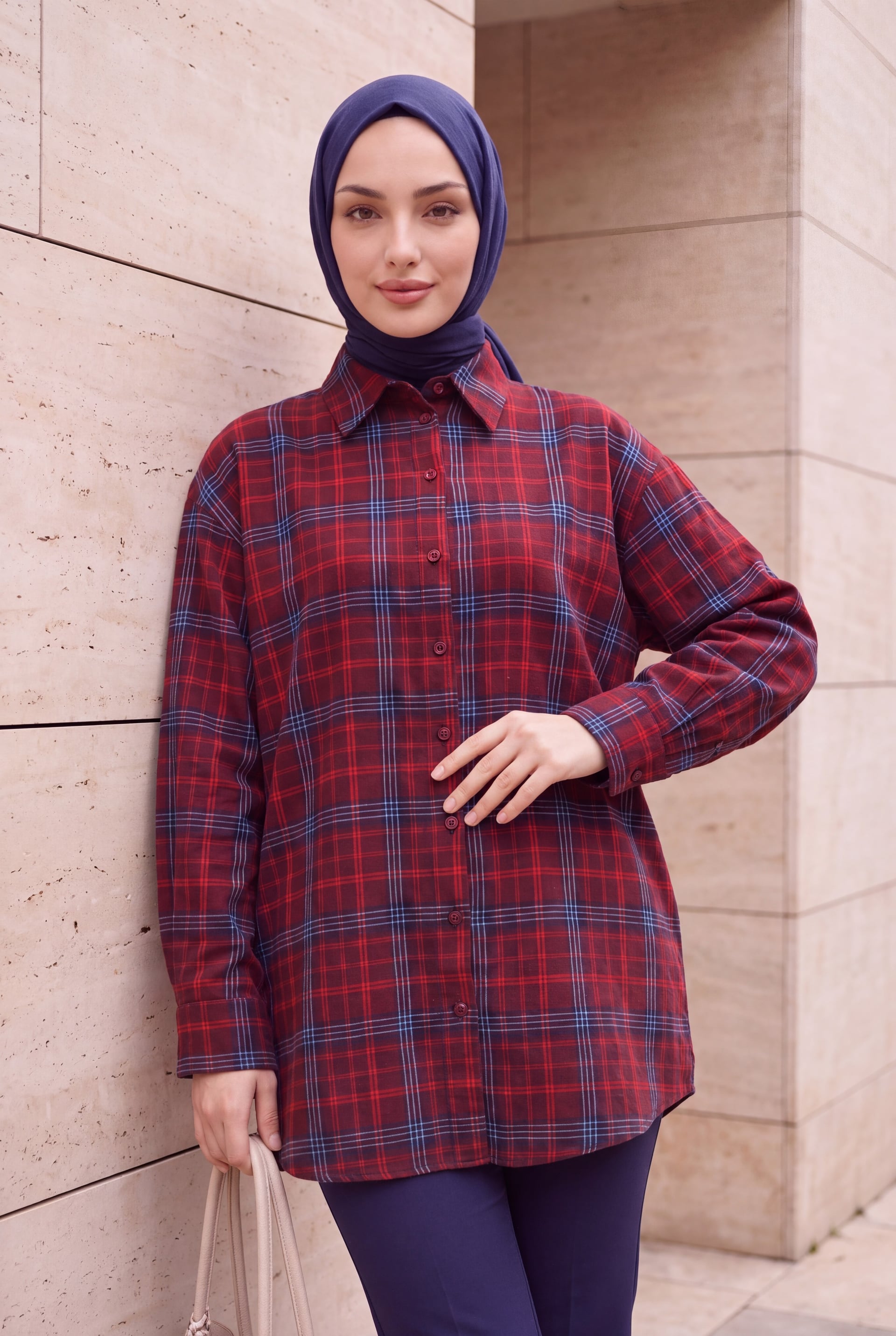 Red Plaid Oval Cut Oversize Shirt for Women - Podyumplus - by Peralane - photo 3