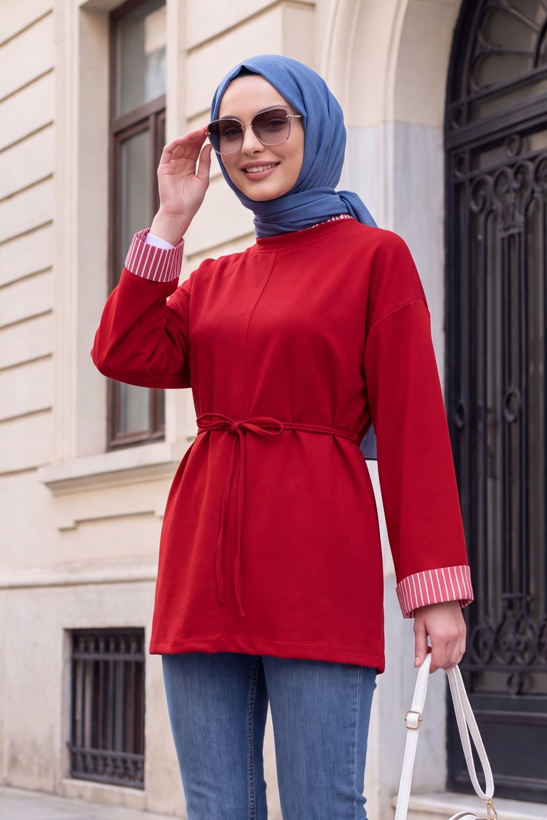 Red Slit Neck Tie Waist Knit Sweatshirt Tunic - Podyumplus - by Peralane - photo 2