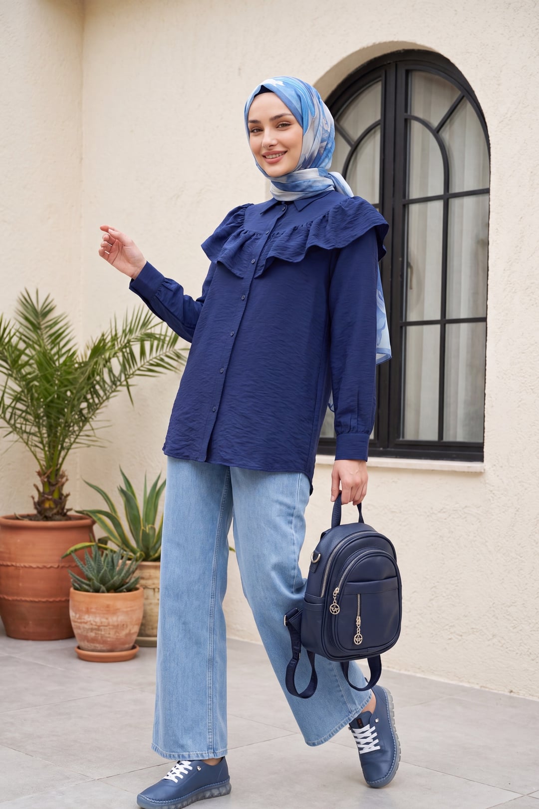 Navy Blue Rayon Tunic with Ruffled Yoke and Button Front - Podyumplus - by Peralane - photo 8