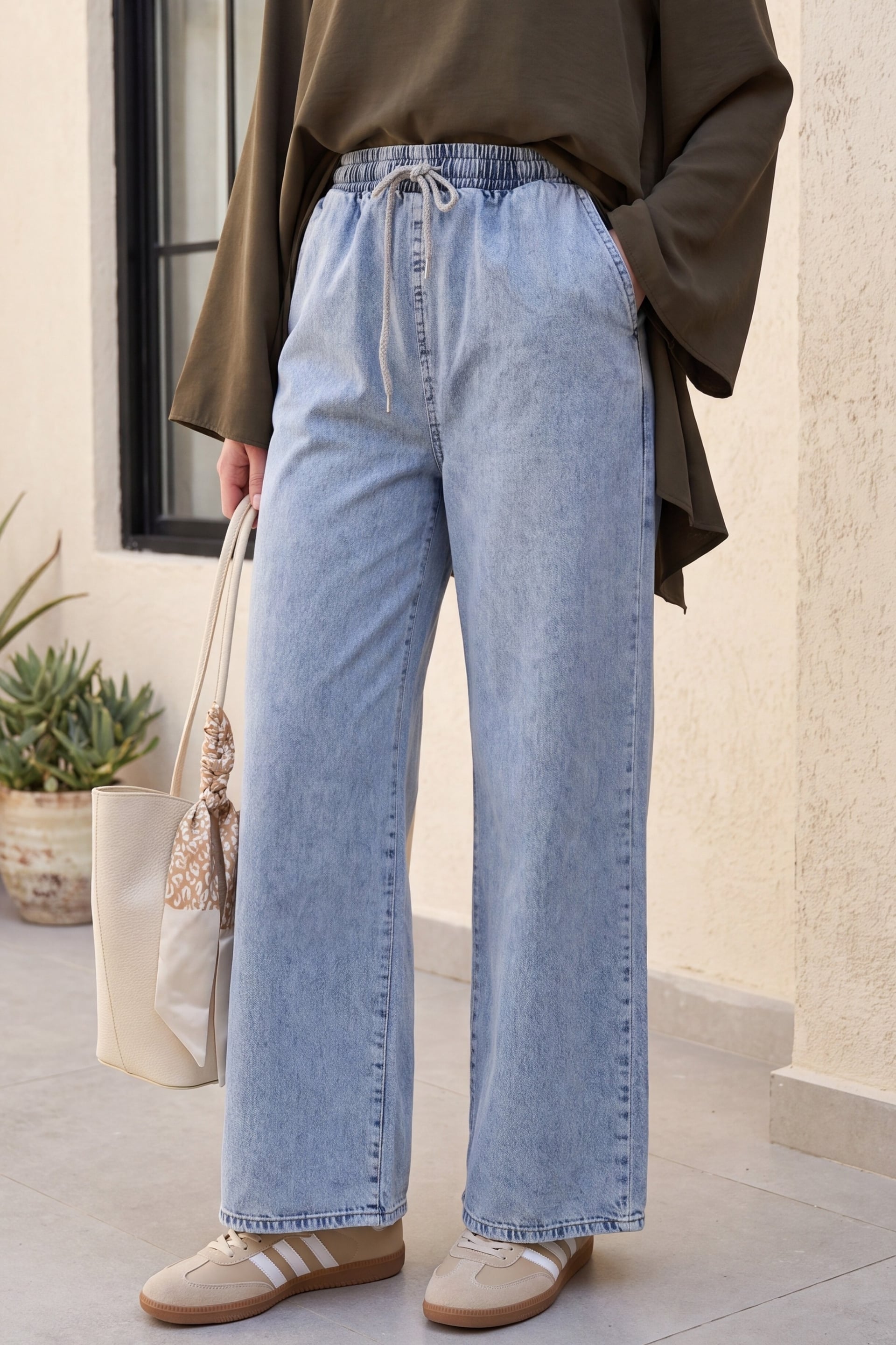 Elasticated Waist Wide Leg Denim Trousers - Tint - Podyumplus - by Peralane