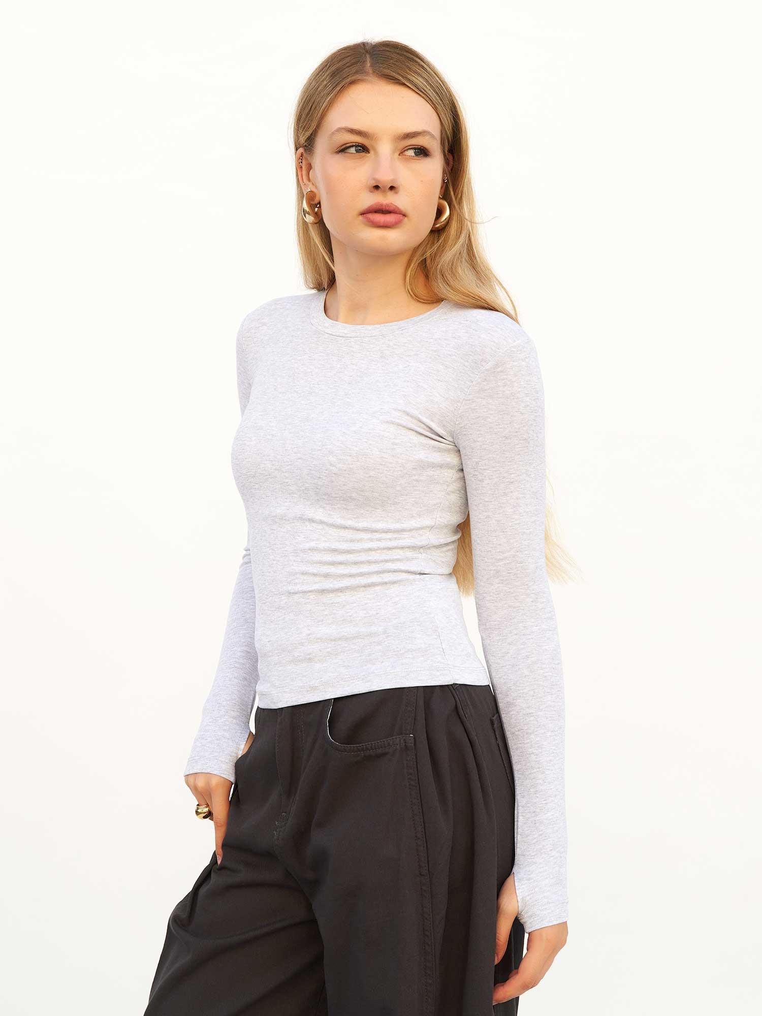 Light Grey Ribbed Knit Long-Sleeve T-Shirt with Thumbholes - Lefon - by Peralane - photo 7