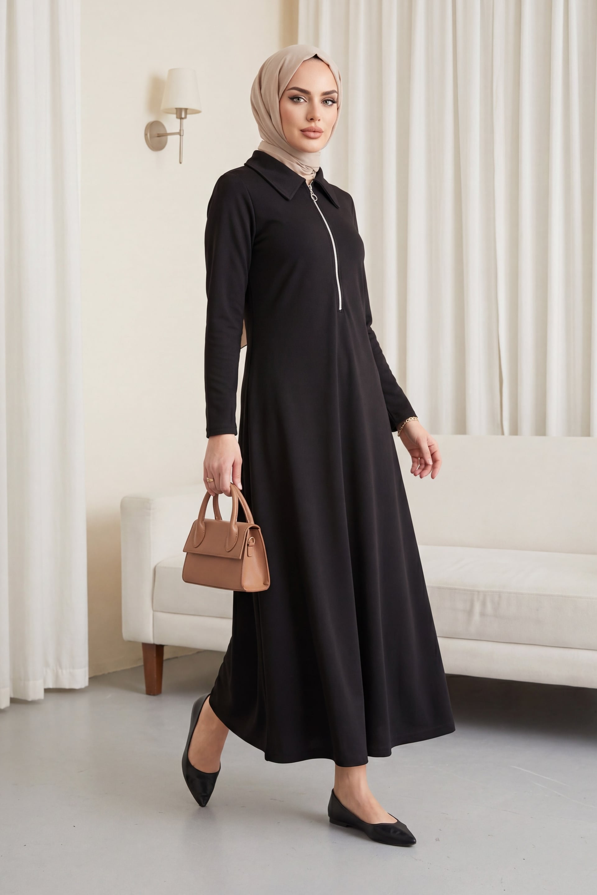 Half Zip Collared Long Shirt Dress - Black - Podyumplus - by Peralane - photo 6