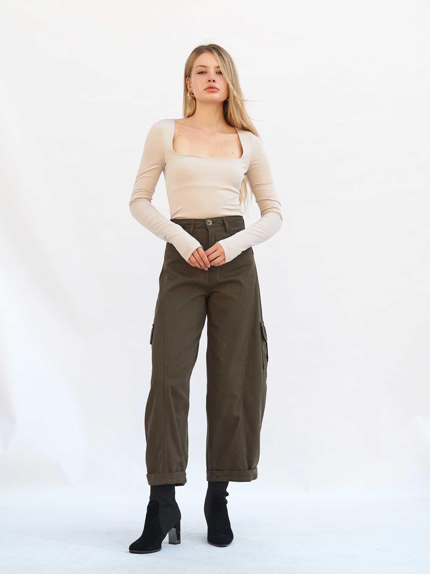 Women's Square Neck Long Sleeve Knit Top with Shoulder Cut-Out - Light Beige - Lefon - by Peralane - photo 4