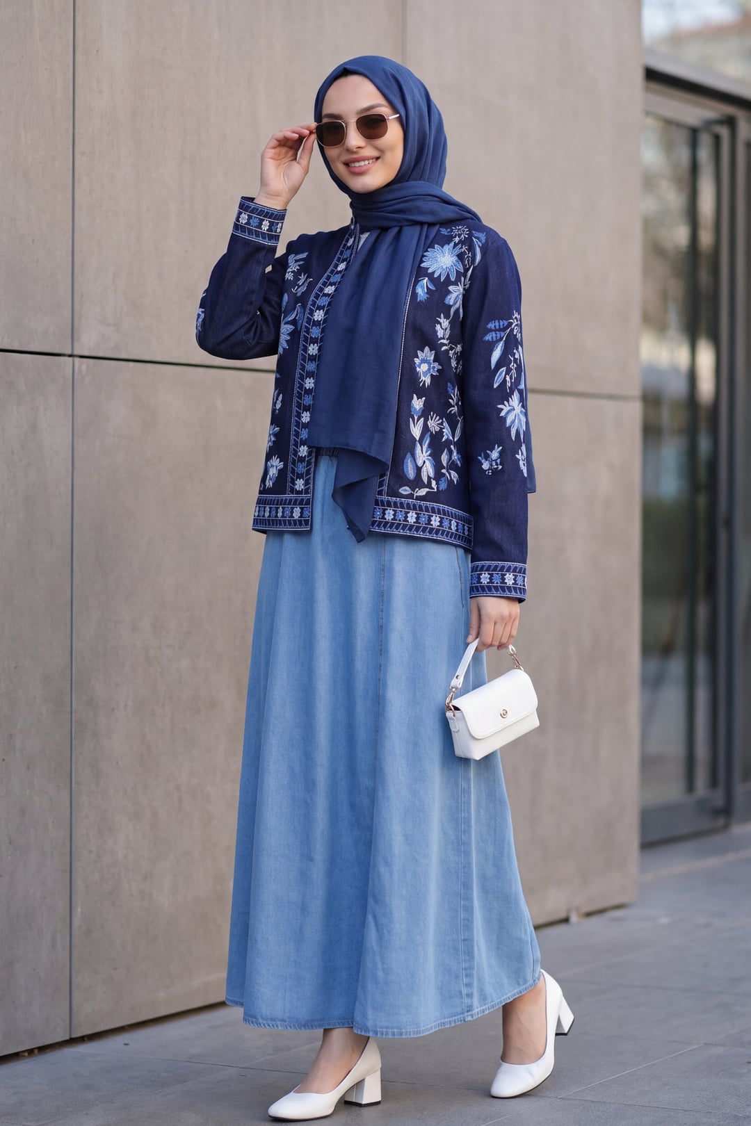 Dark Navy Embroidered Denim Jacket with Notched Collar - Podyumplus - by Peralane - photo 3