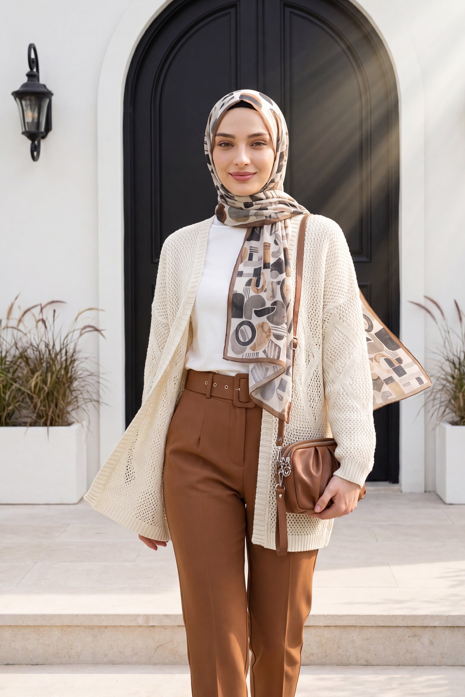 Cream Diamond Pattern Open-Front Knit Cardigan - Podyumplus - by Peralane