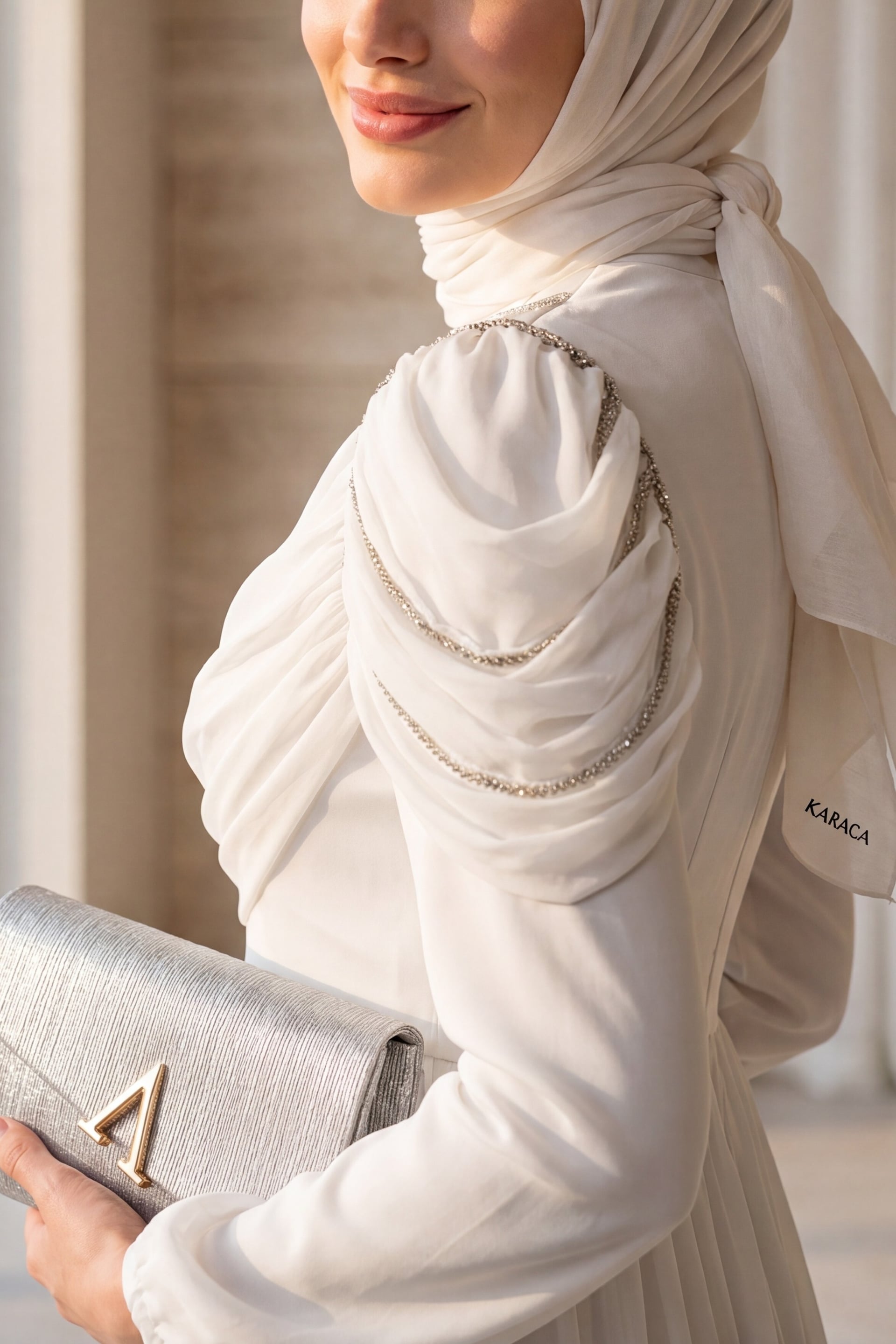 White Satin Evening Dress with Stone-Embellished Shoulders and Pleated Skirt - Podyumplus - by Peralane - photo 5