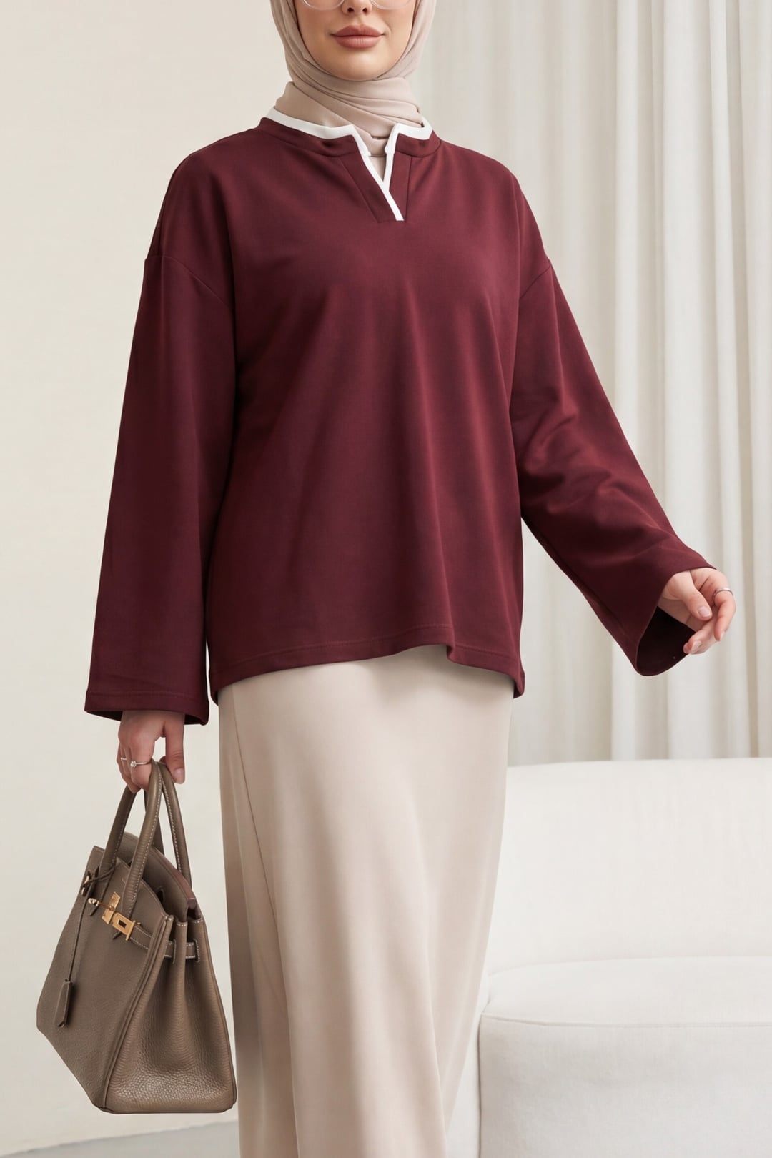 V-Neck Double Layer 2-Thread Knit Blouse - Burgundy - Podyumplus - by Peralane