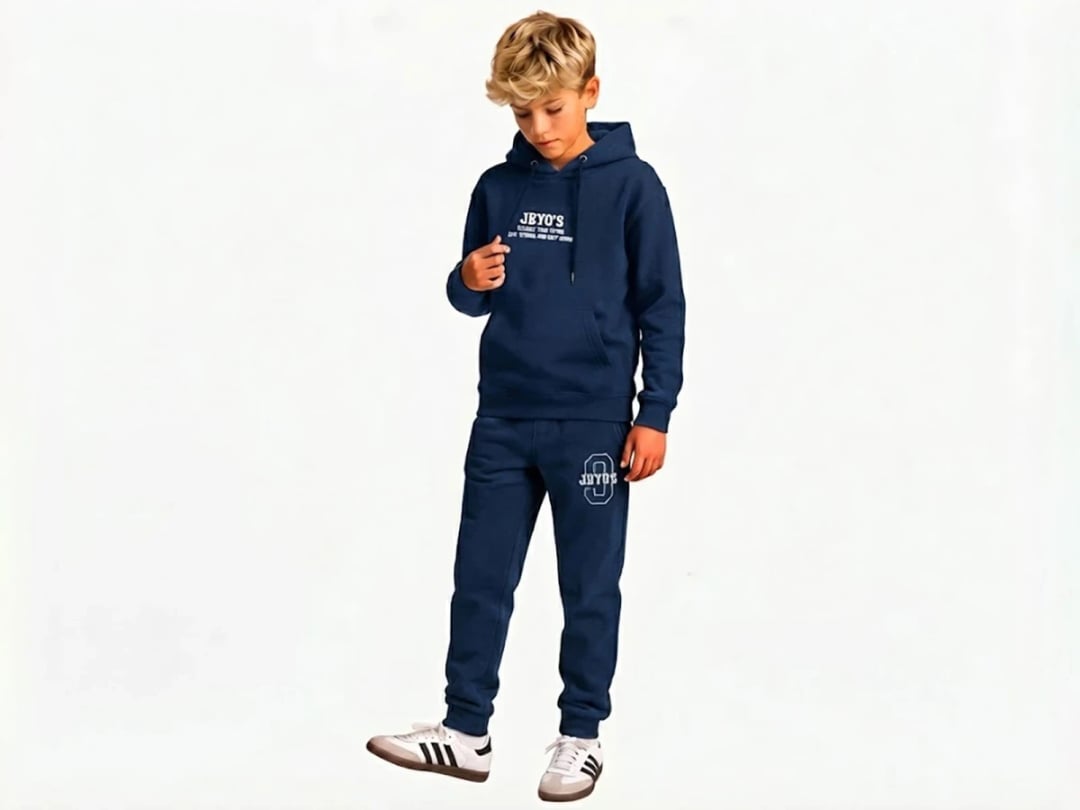 Boys' Printed Hooded Tracksuit Set with Kangaroo Pocket - Navy - Koska - by Peralane