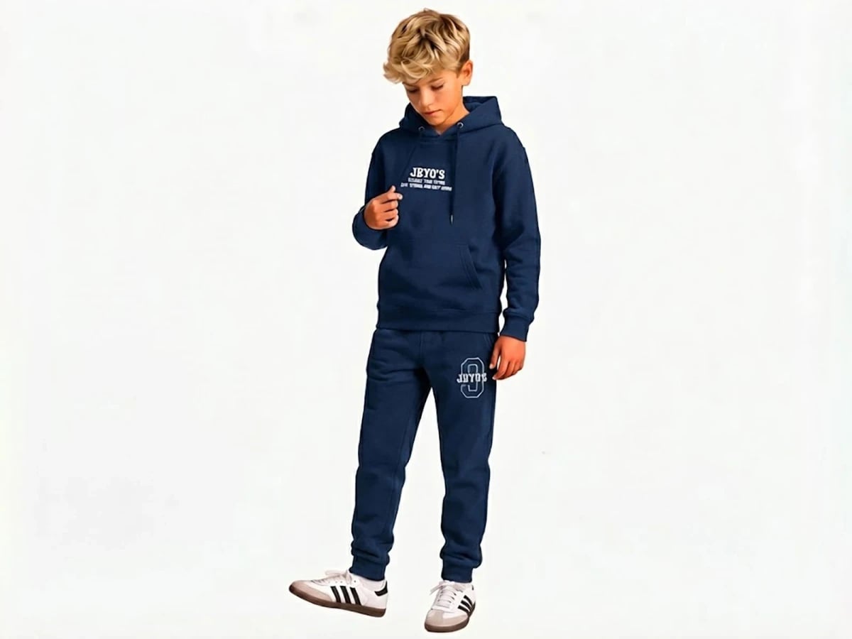 Jhyo's Printed Hooded Kangaroo Pocket 3-Thread Fleece Boys' Set - Navy Blue - Koska - by Peralane