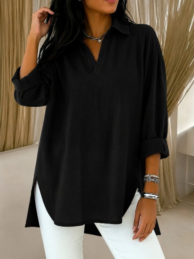 Women's Collared V-Neck Blouse with Cuffed Three-Quarter Sleeves - Janes - by Peralane - photo 2