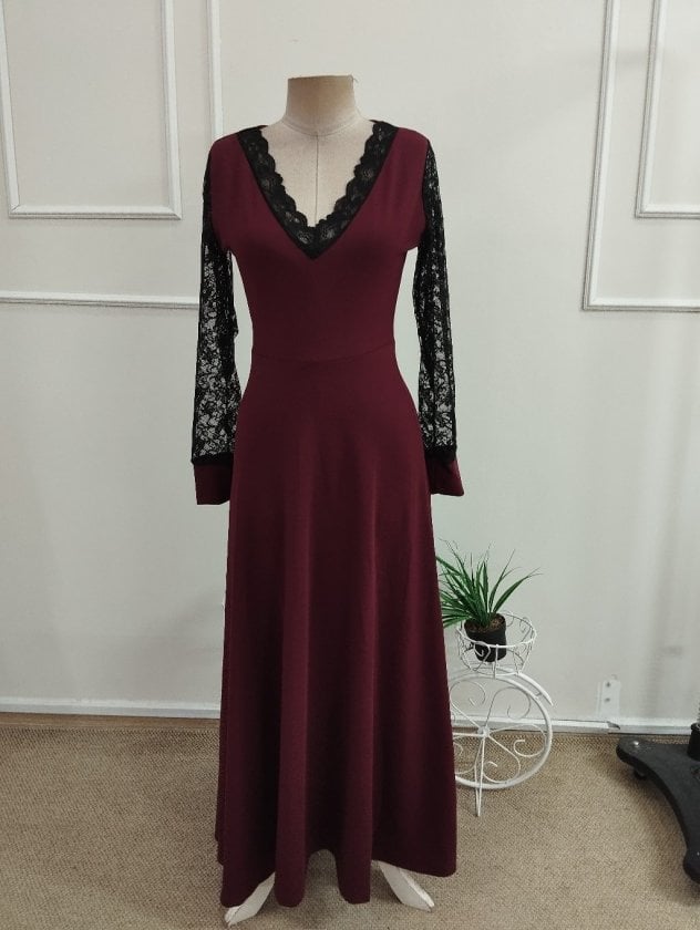 Women's Long-Sleeve V-Neck Lace Trim Long Crepe Dress - Janes - by Peralane - photo 3
