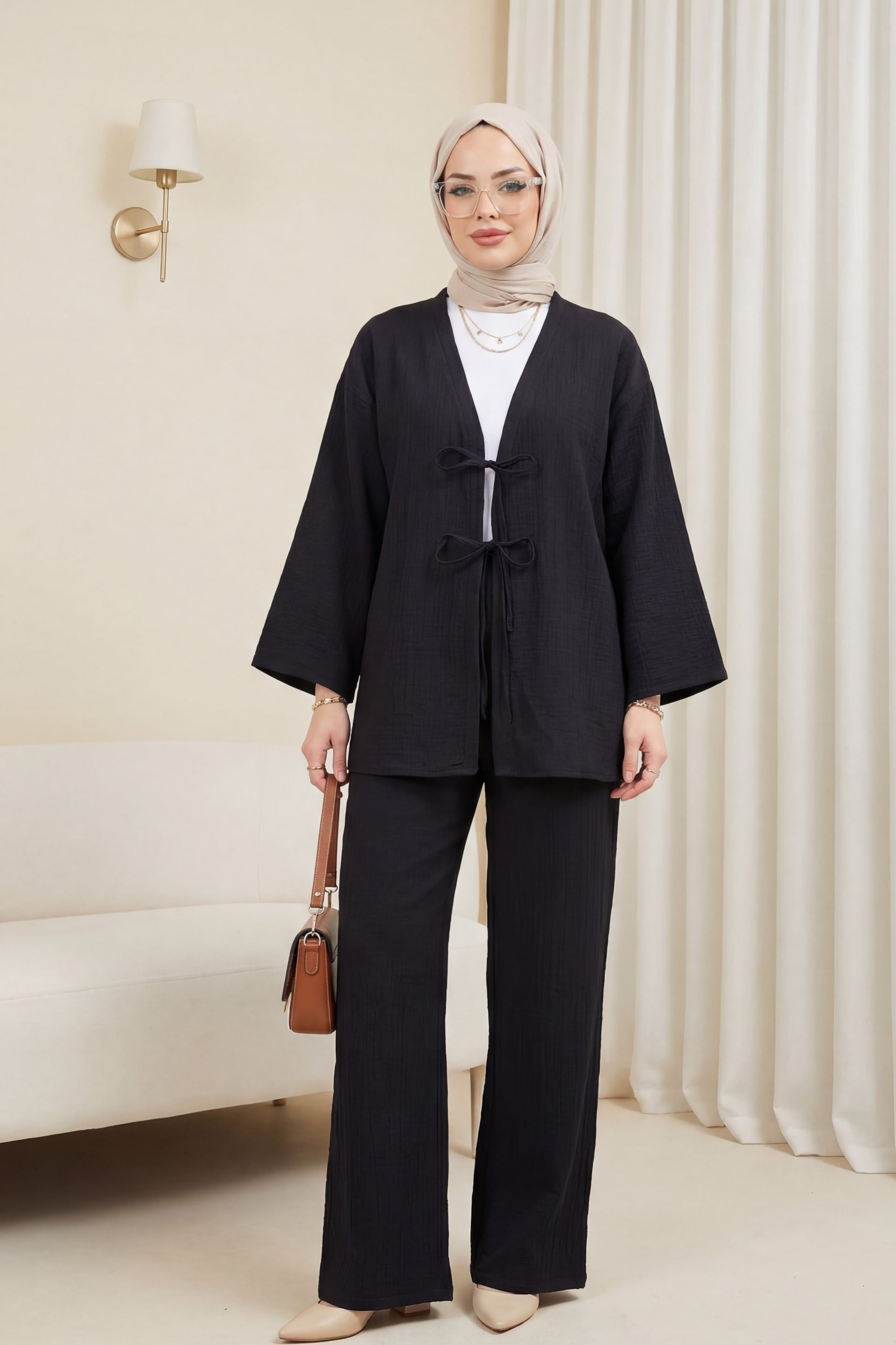 Black Crinkle Modest Set with Double Tie Jacket and Wide-Leg Trousers - Podyumplus - by Peralane