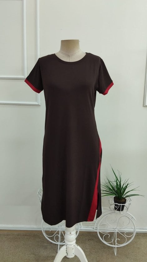 Women's Short-Sleeve Round Neck Side-Slit Striped Detail Modal Midi Dress - Janes - by Peralane - photo 5