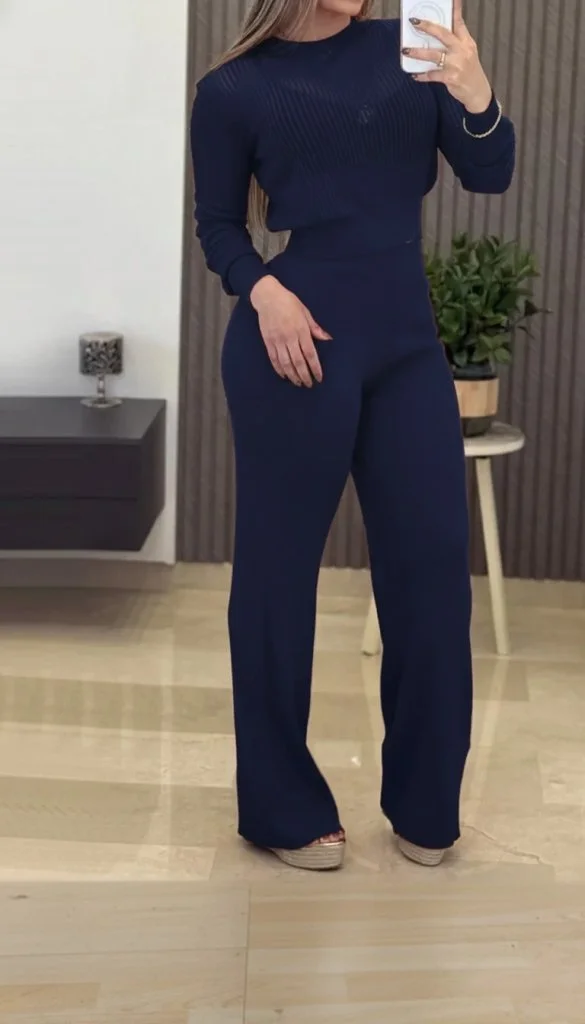 Women's Long Sleeve Crew Neck Sheer Detail Knit Top and Wide-Leg Trousers Two-Piece Set - Janes - by Peralane