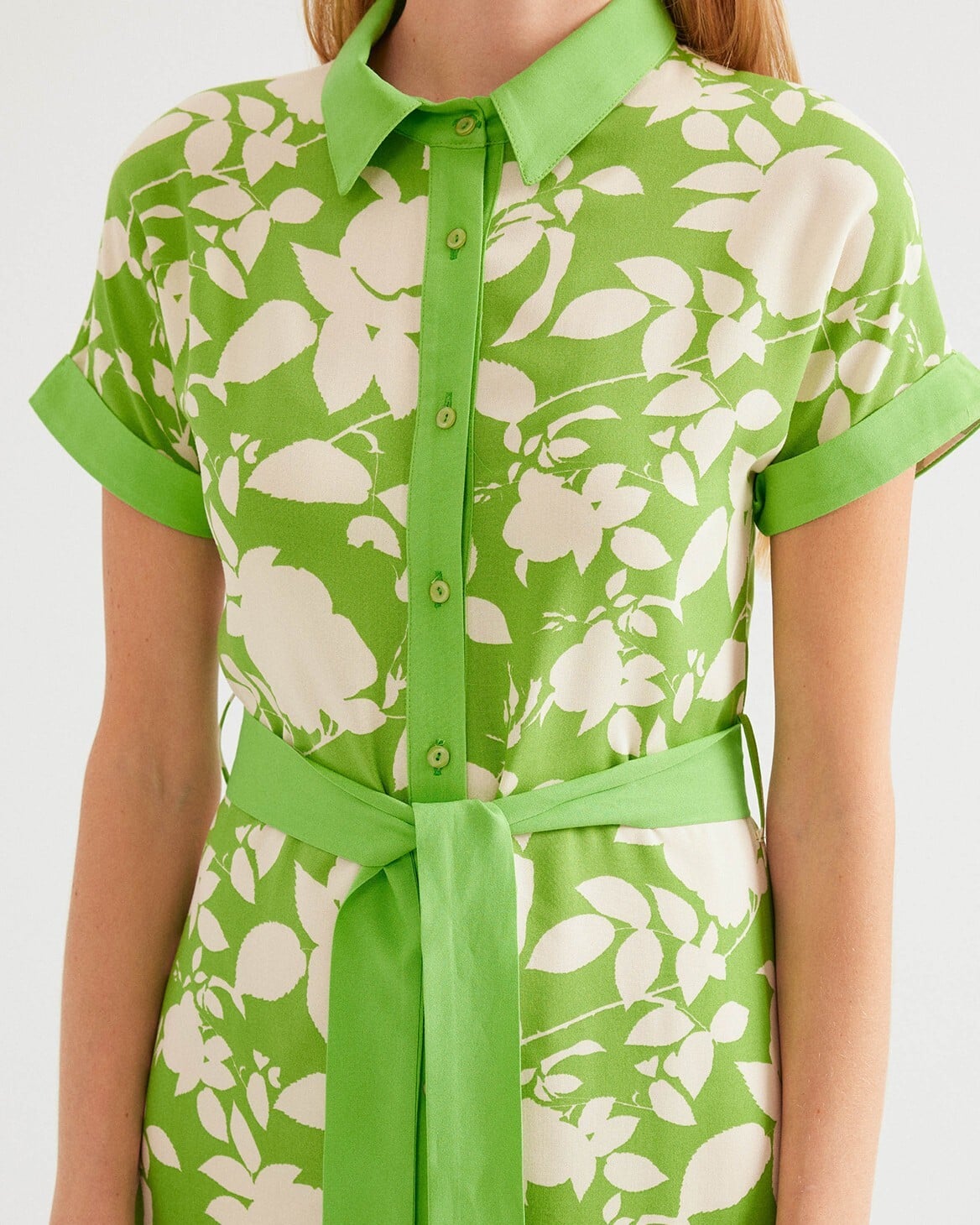Green Floral Print Collared Midi Shirt Dress with Belt - Bigdart - by Peralane - photo 3