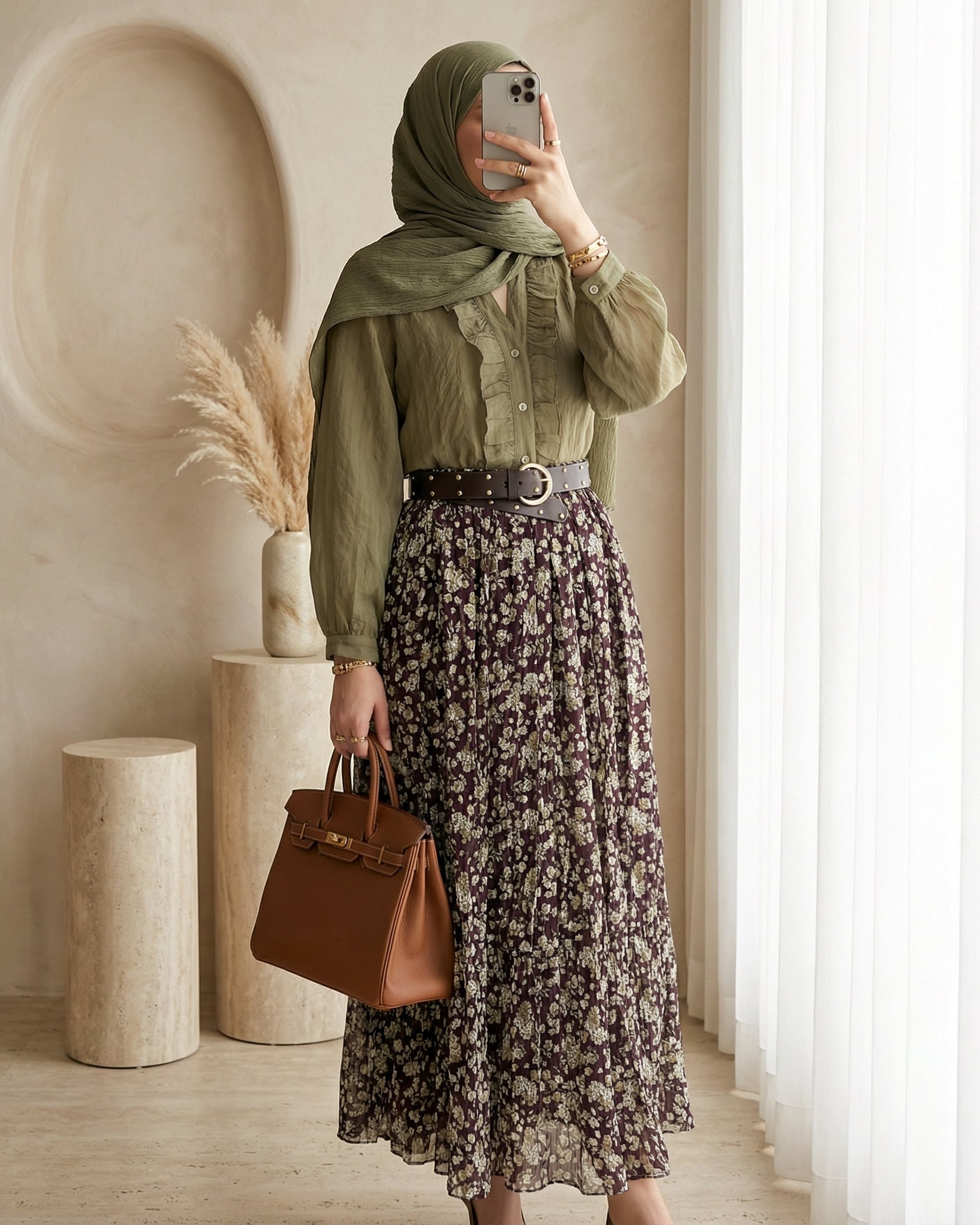Floral Lined Chiffon Skirt with Thick Waistband - Olive - Podyumplus - by Peralane - photo 3
