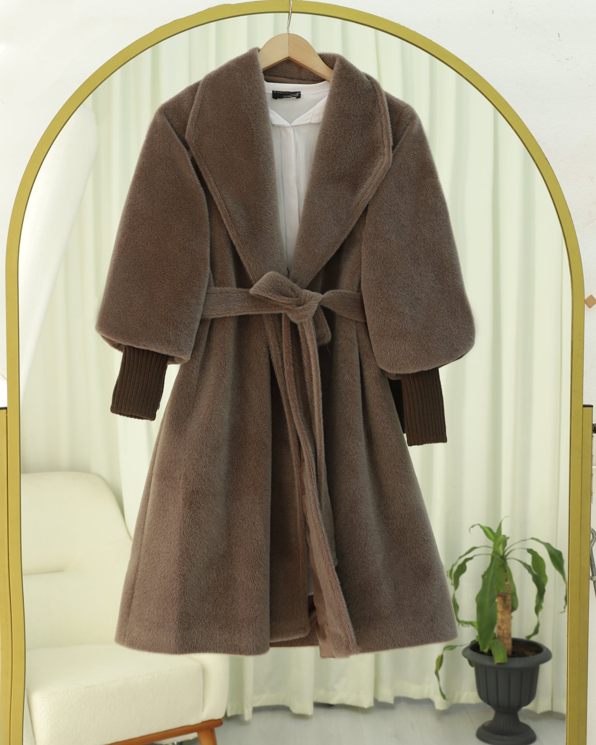 Ribbed Sleeve Shawl Collar Lined Faux Fur Coat - Earth - Podyumplus - by Peralane - photo 8