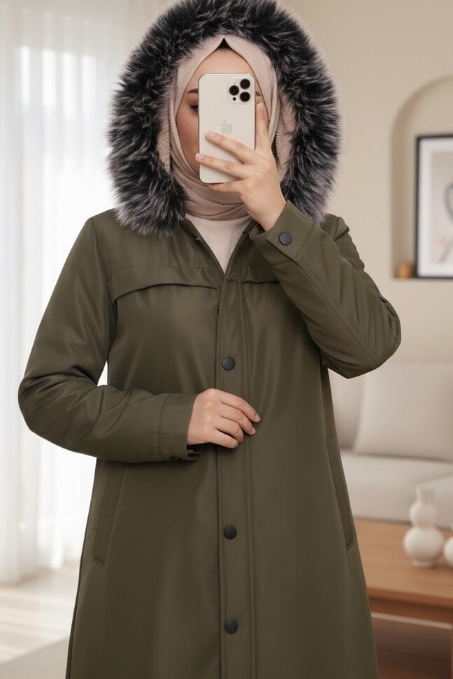 Snap-Front Hooded Short Coat with Pockets - Camouflage - Podyumplus - by Peralane - photo 2