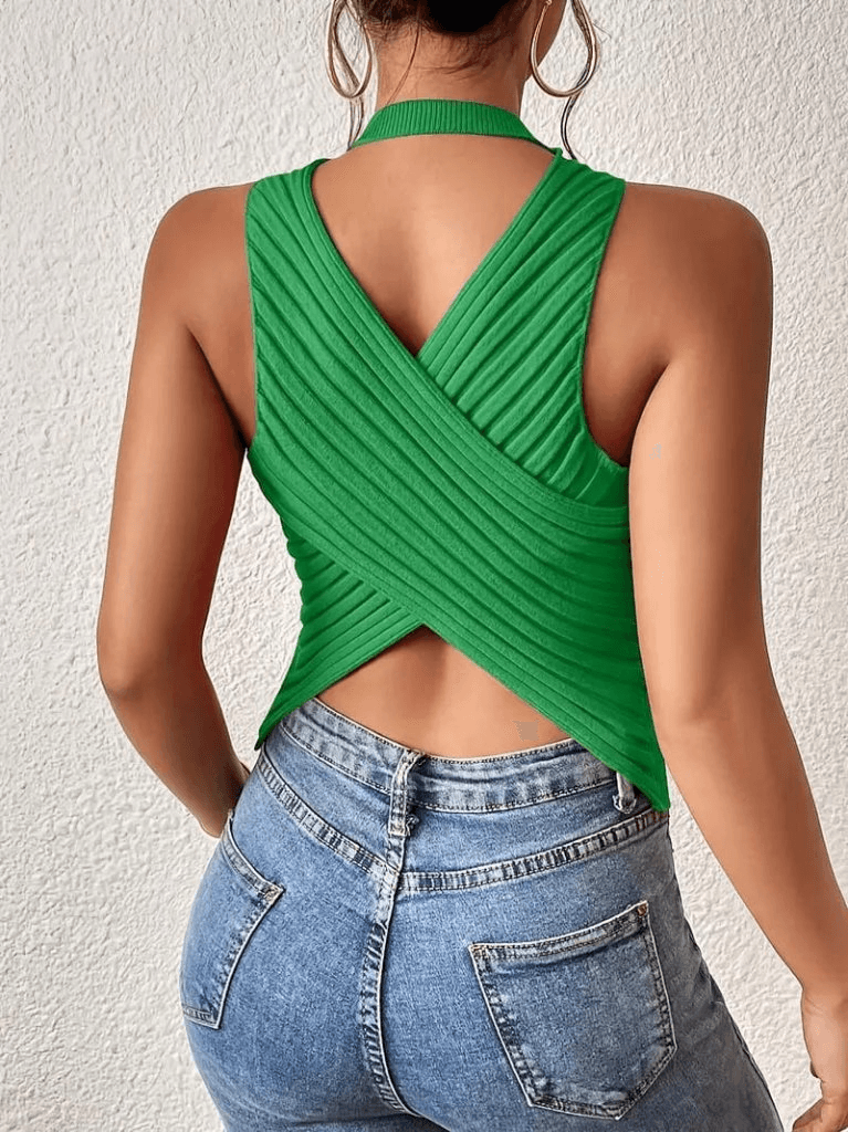 Women's Sleeveless Halter Top with Criss-Cross Back in Bright Green - Janes - by Peralane