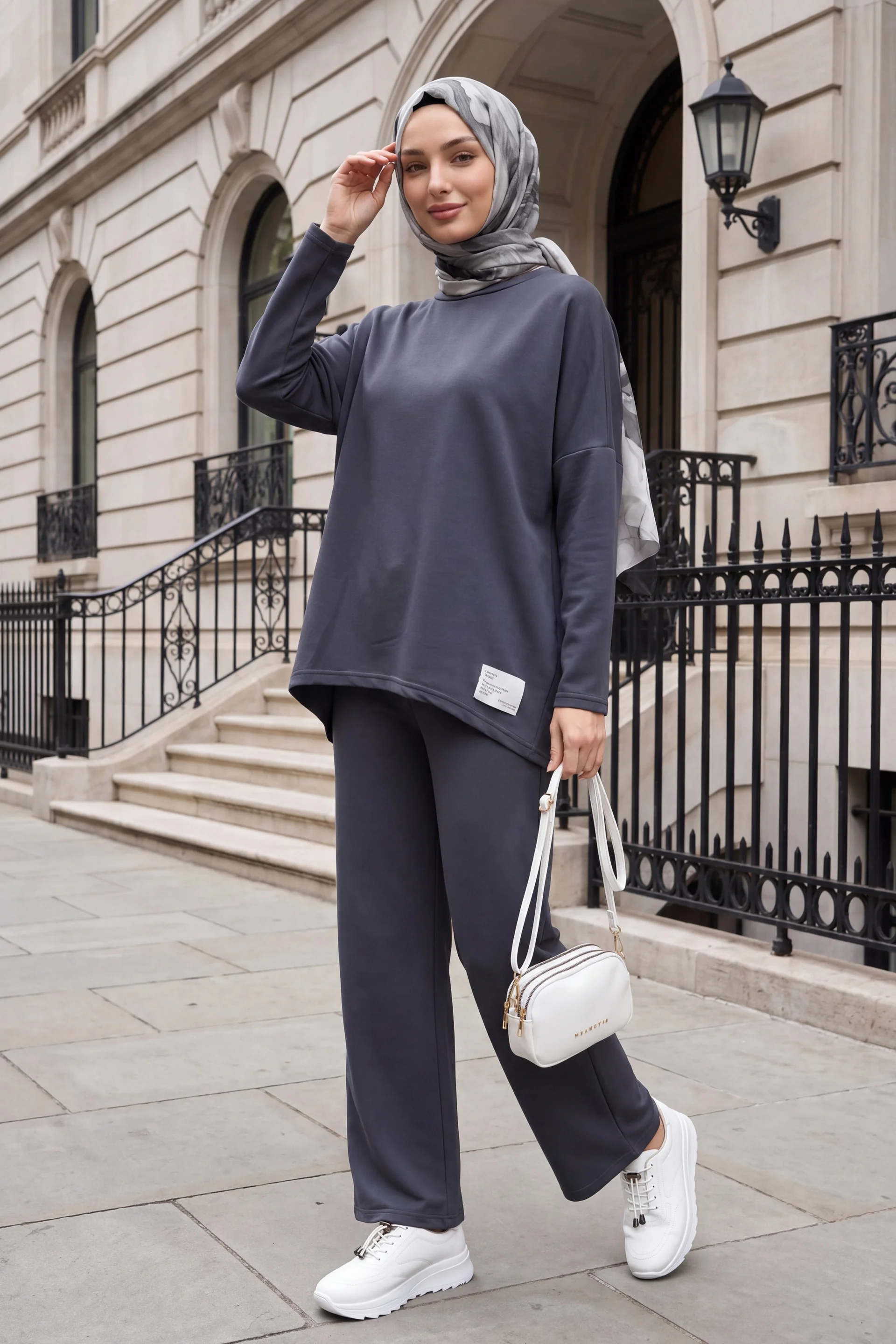 Round Neck Back-Long Pocket Oversize Stretch Jersey Co-ord Set - Smoke - Podyumplus - by Peralane - photo 3