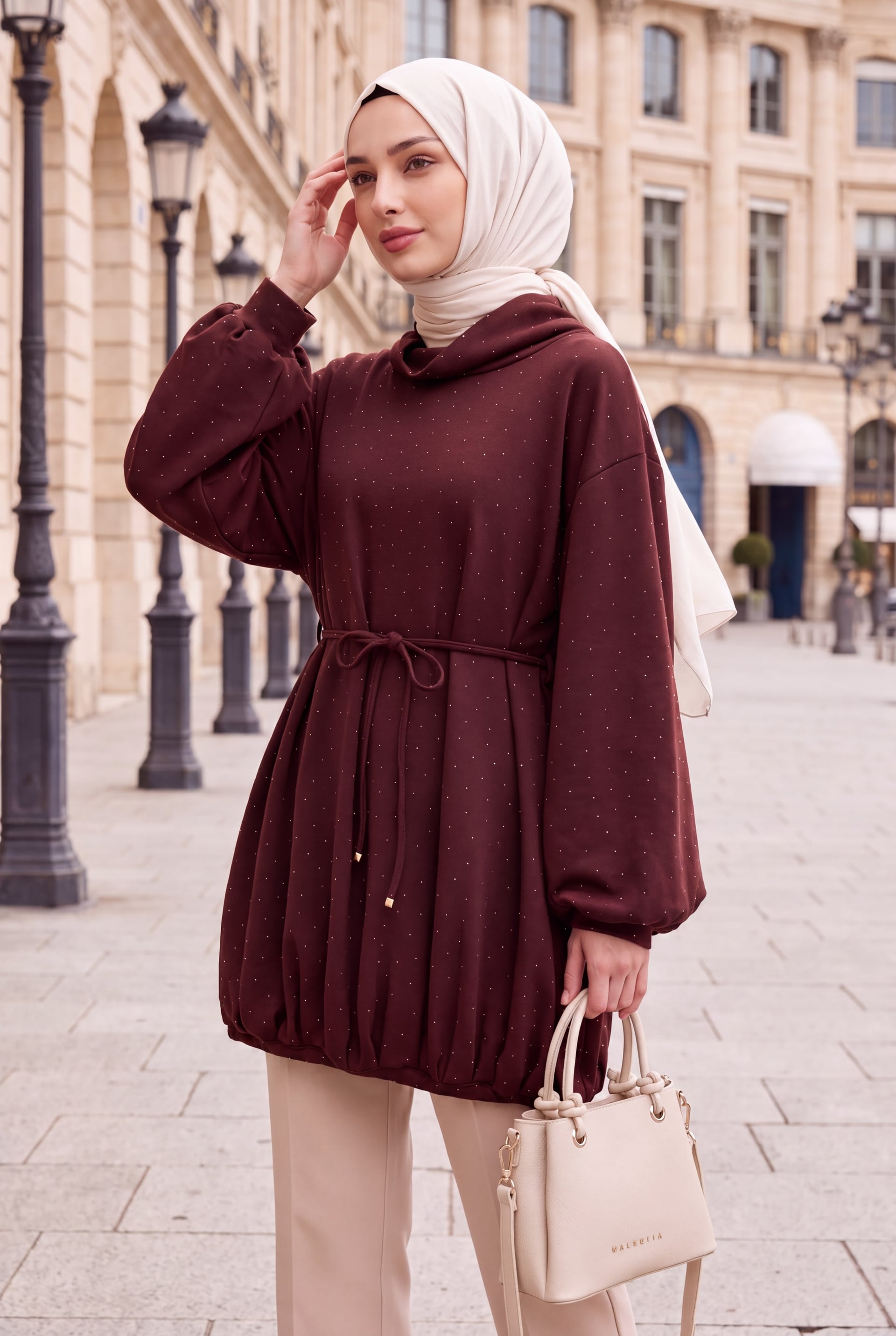 Women's Half-Turtleneck Drawstring Waist Sweatshirt with Elasticated Skirt - Deep Red - Podyumplus - by Peralane - photo 2