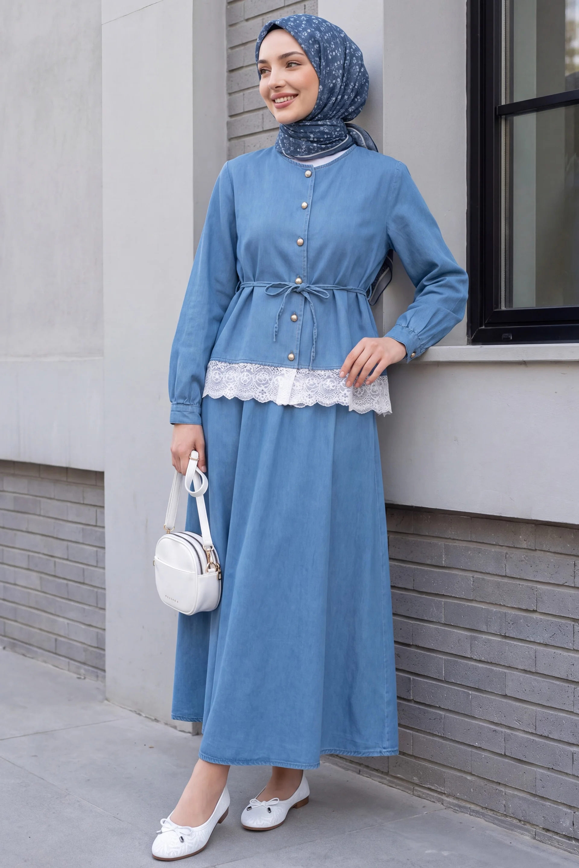 Round Neck Lace Detail Belted Button Skirt Denim Co-ord Set - Ice Blue - Podyumplus - by Peralane - photo 2