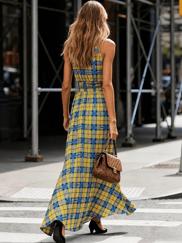 Women's Sleeveless Halter Neck Smocked Waist Plaid Maxi Dress - Janes - by Peralane - photo 3