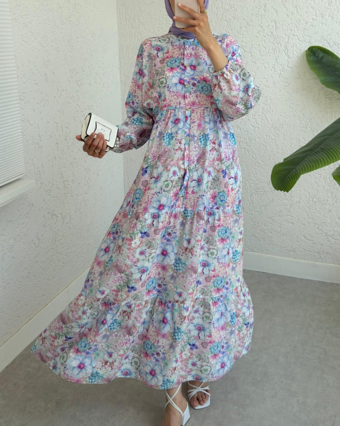 Half Button Long Sleeve Floral Print Dress - Powder - Podyumplus - by Peralane - photo 6