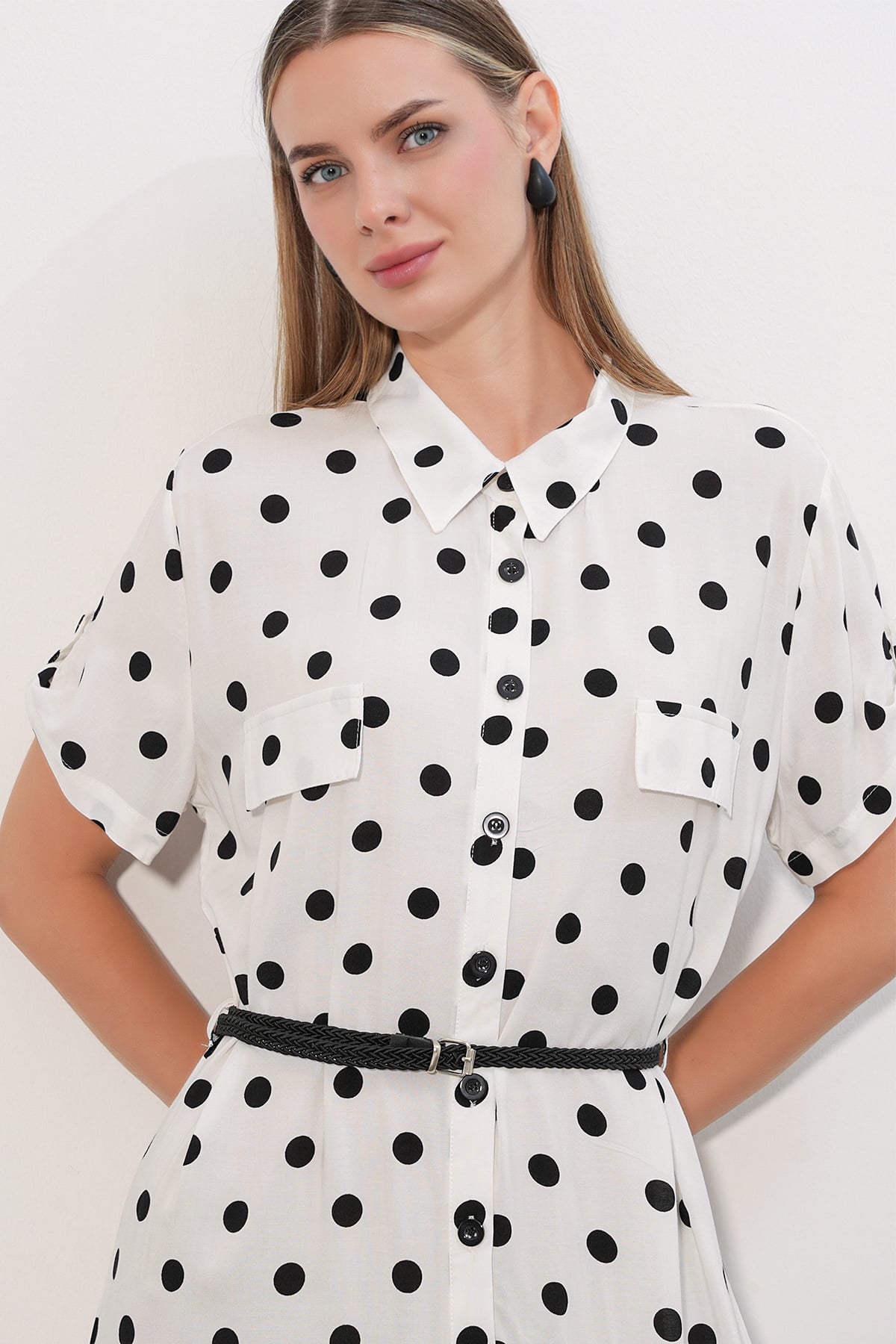 Women's Polka Dot Long Belted Dress with Collar and Chest Pockets - White - Bigdart - by Peralane - photo 4