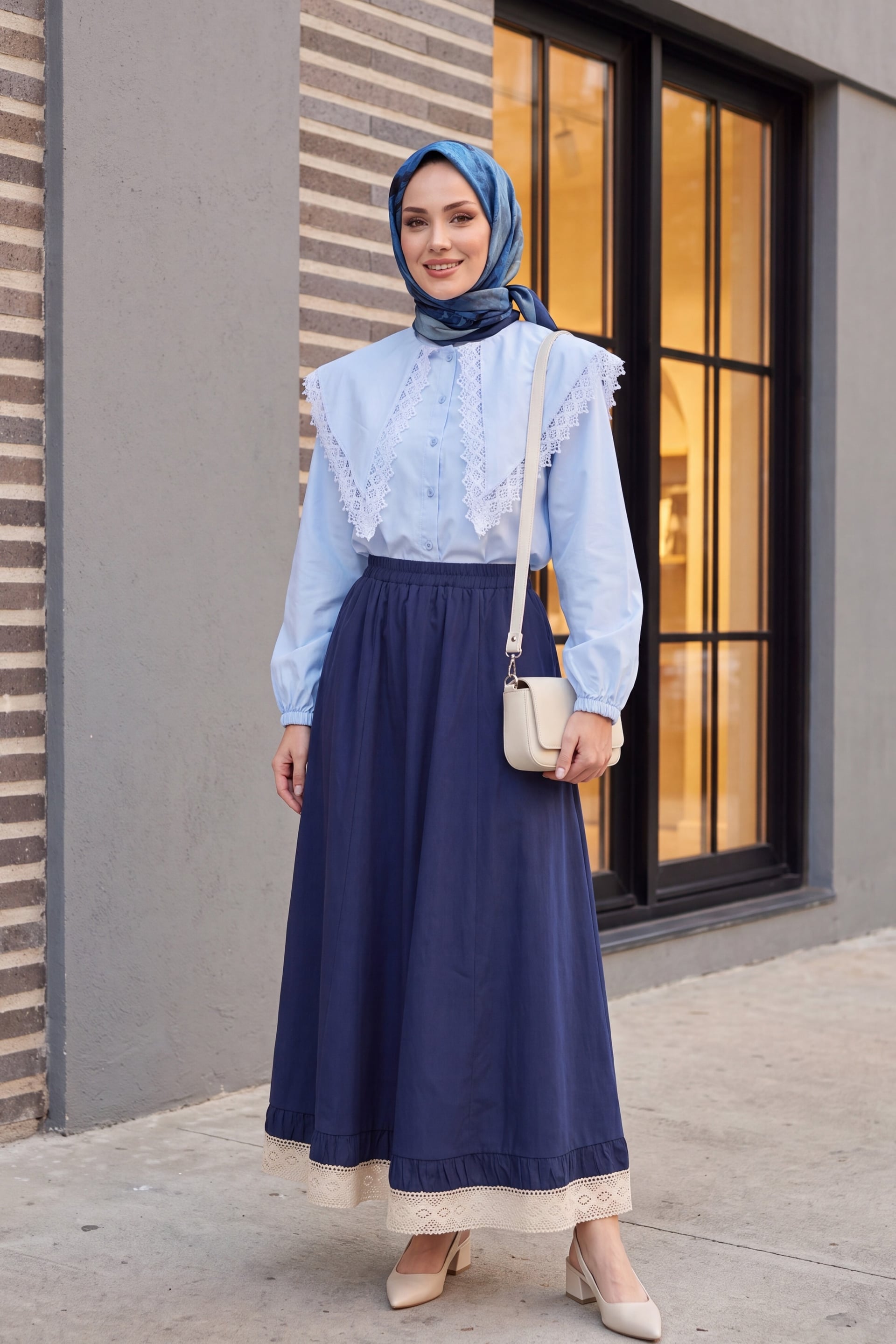 Navy Blue Elasticated Waist Poplin Skirt with Lace Trim and Pockets - Podyumplus - by Peralane - photo 3